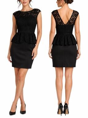 London Times Lace Peplum Satin Sheath Mini Dress Black Size 6